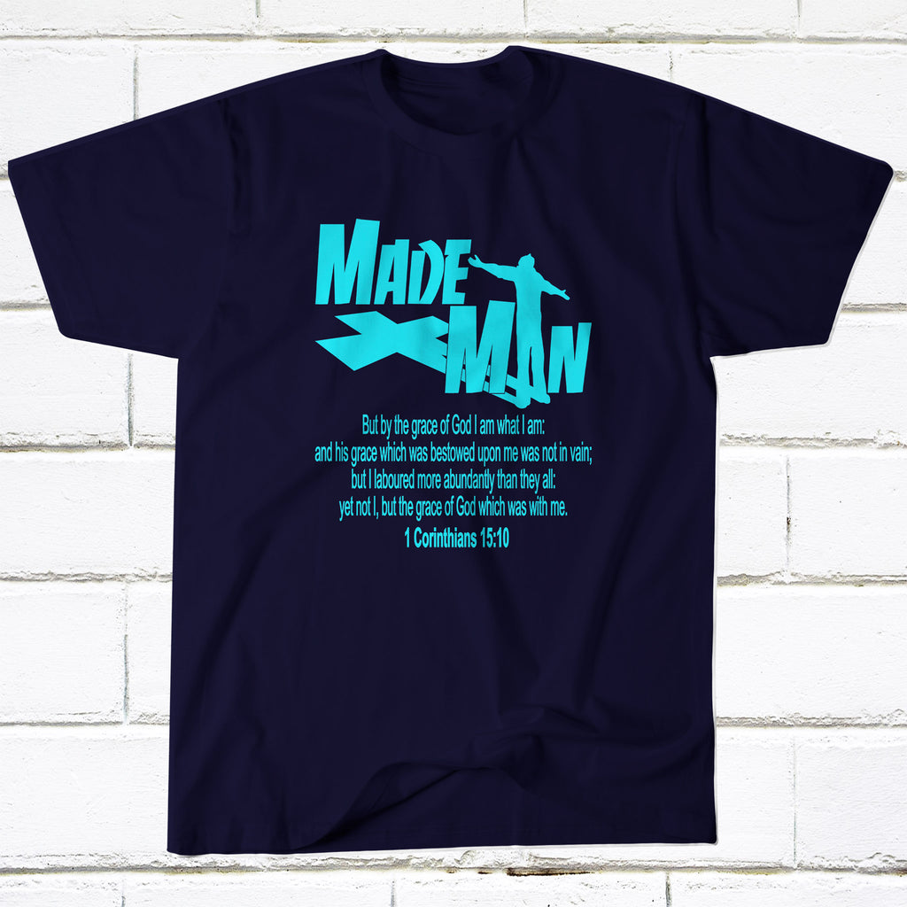 Made Man | Christian | T shirt | God Shirt | Cotton | Navy Blue | Grace ...